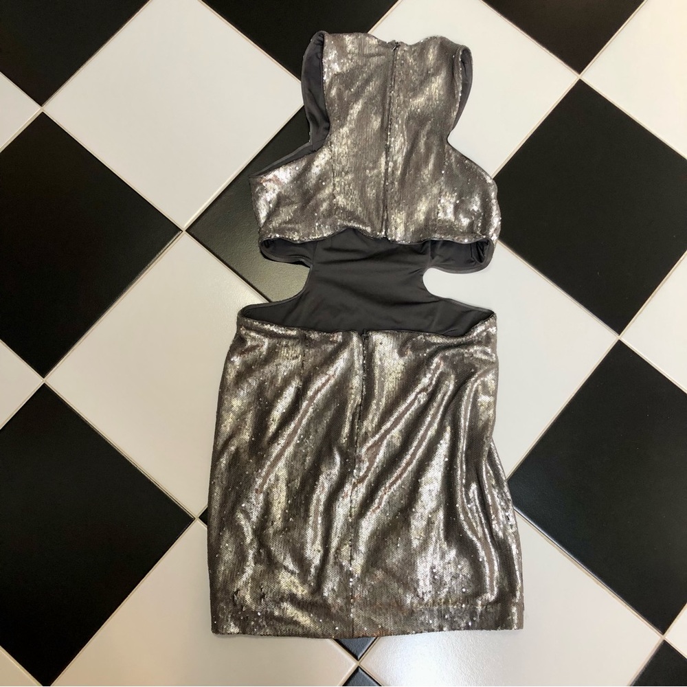 Halston Heritage Sequin Cut Outs Mini Dress Antique Silver Sequins Bodycon sz 8 - Picture 9 of 16